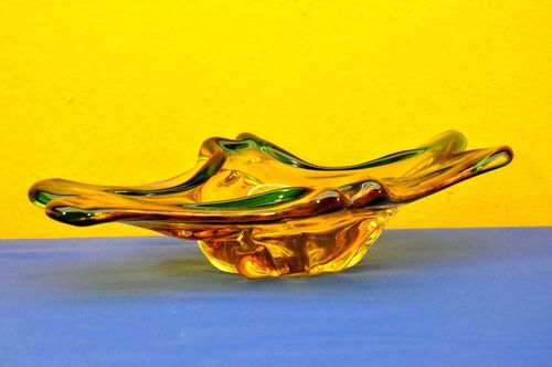 70s Murano Glass Bowl yellow green transparent