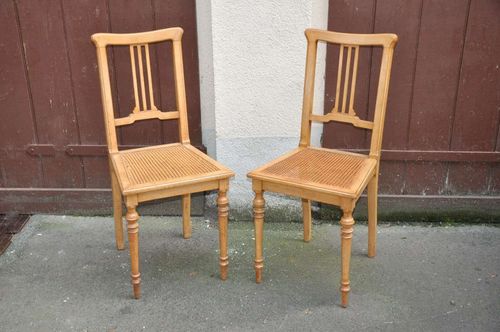 2 Art Nouveau chairs cherry wood with woven cane 1890