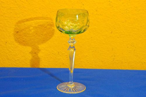 Wine glass crystal green overlaid hand cut 1920s
