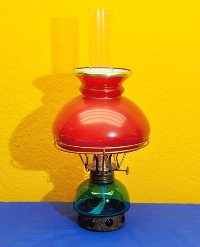 Petroleumlampe Jugendstil Glas/Kupfer Sternbrenner 1900