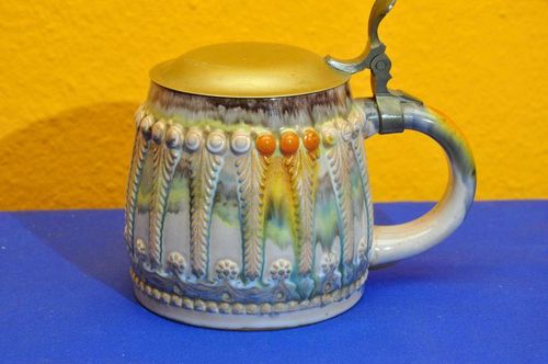 Art Nouveau beer mug ceramic colorful with tin lid