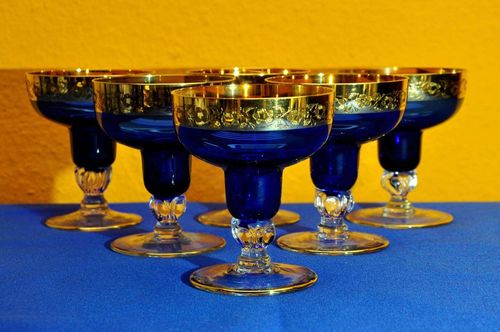 Vintage aperitif glasses blue with decorated gold rim