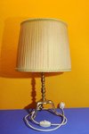 Brass table lamp with dusky pink fabric pleated shade