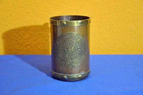 Copper mug with handle and Mayan calendar made of bronze