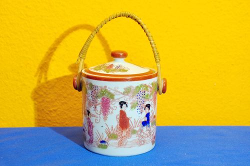 China lidded storage container with craft handle 1960s