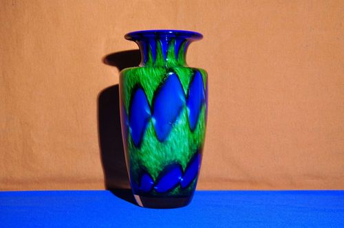 Glass vase blue/green marbled with glitter