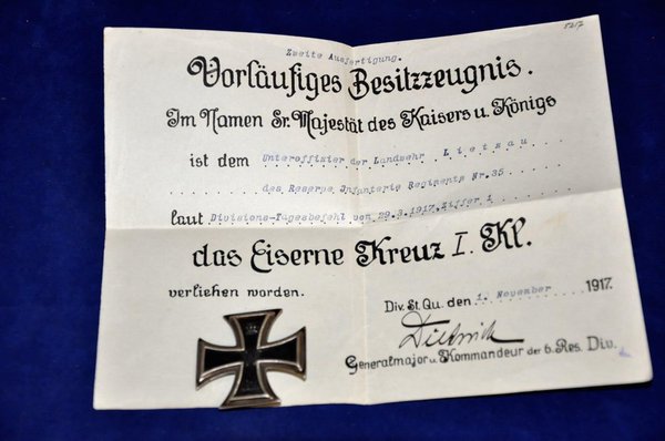 Eisernes Kreuz erster Klasse aus dem 1.Weltkrieg mit Urkunde, selten.\\n\\n19.05.2014 18:43